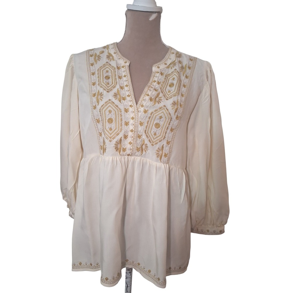 Solitaire Cream Gold Embroidered Boho Peasant Blouse Top Large Feminine Peasant